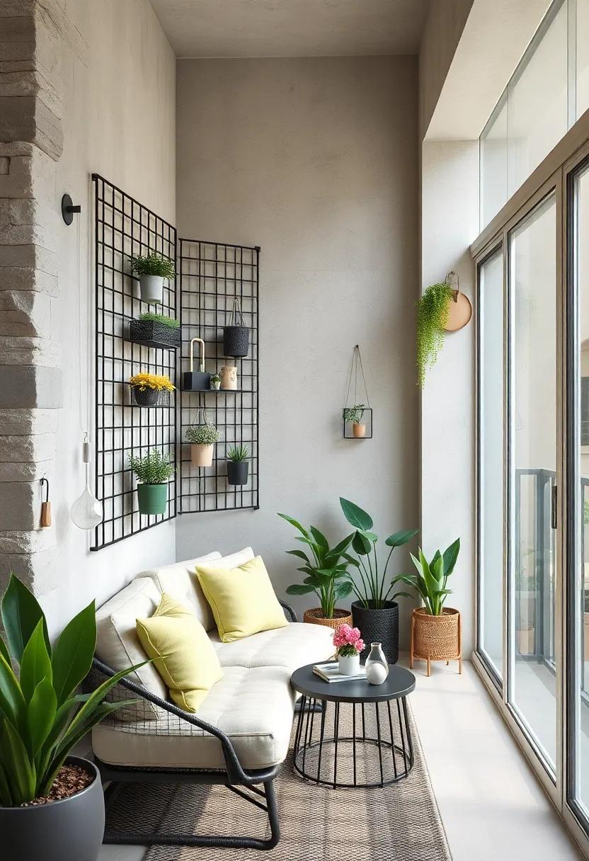 Wire Grid Panels: Attach wire grid panels to ​your walls to hang‌ small plants, art, or decorative items, giving⁢ your balcony a modern touch
