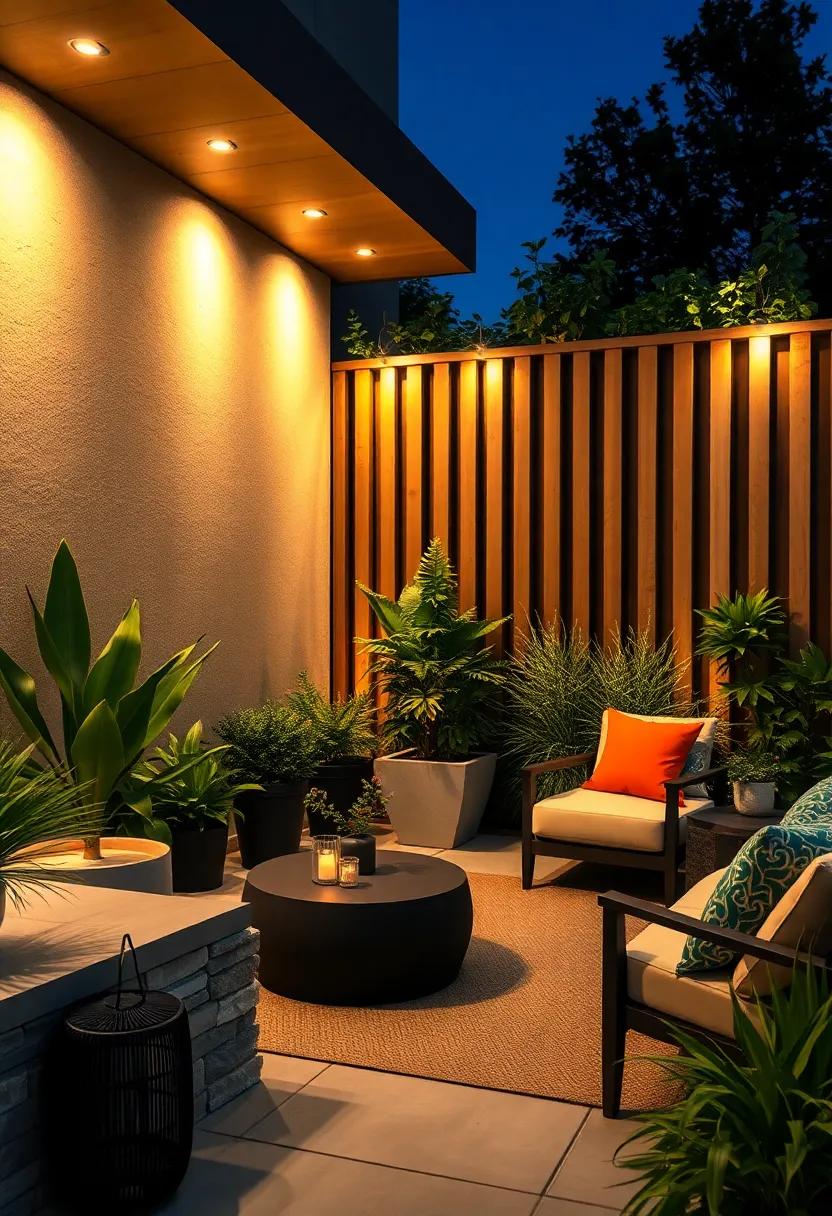 Pair a sleek vertical slat fence with ambient outdoor ​lighting,creating an enchanting atmosphere for nighttime gatherings under the stars