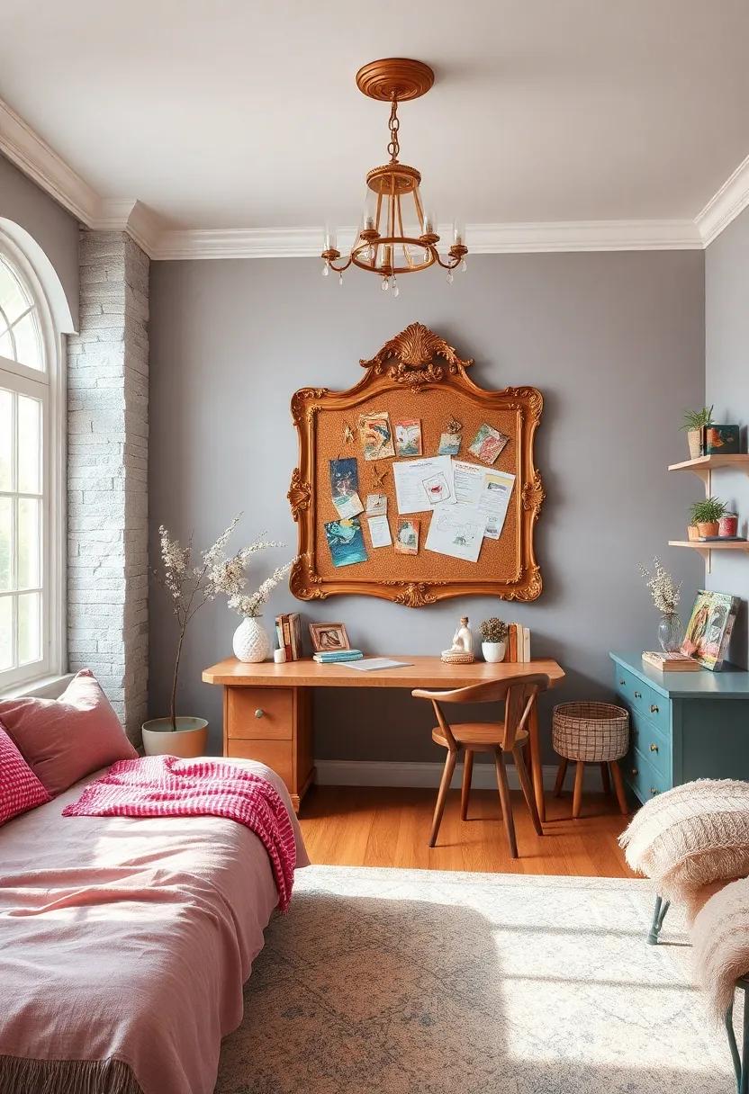 Create a vision board area ⁢with a charming corkboard ⁤framed in​ ornate wood