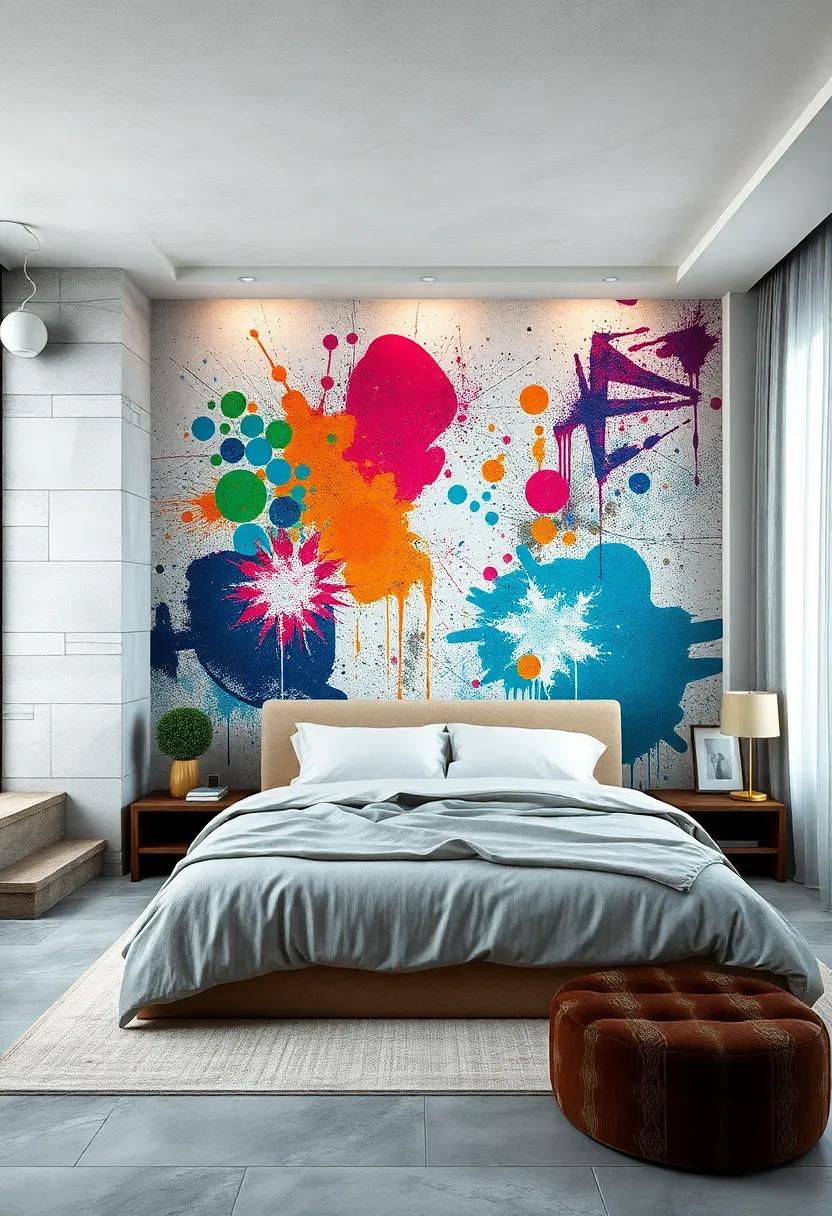 Artistic Paint Splatter: Embrace an abstract aesthetic ​with fabric​ featuring artistic paint splatters, adding an energetic touch to‍ your‌ bedroom design