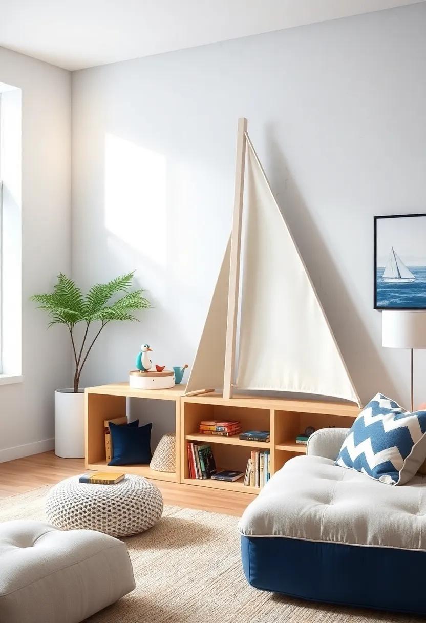 Nautical Bookshelf: A playful bookshelf shaped like a sailboat or anchored design, providing‌ a clever storage solution with nautical flair for books and treasures