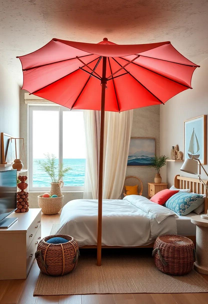 Beach Umbrella​ Canopy: Use a fun beach umbrella as a unique​ canopy above the bed or play area, infusing an outdoor seaside feel indoors