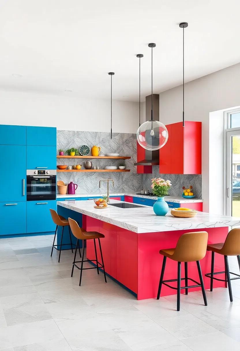 Pop Art Inspiration: Brilliantly colored cabinetry⁢ and funky patterns create an eye-catching island that‍ reflects the owner's fun and‍ quirky personality