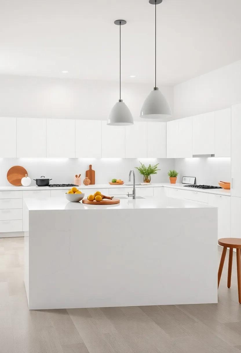 Serene Monochrome: A white-on-white island design with subtle texture creates a serene atmosphere, emphasizing a clean and⁣ serene cooking environment
