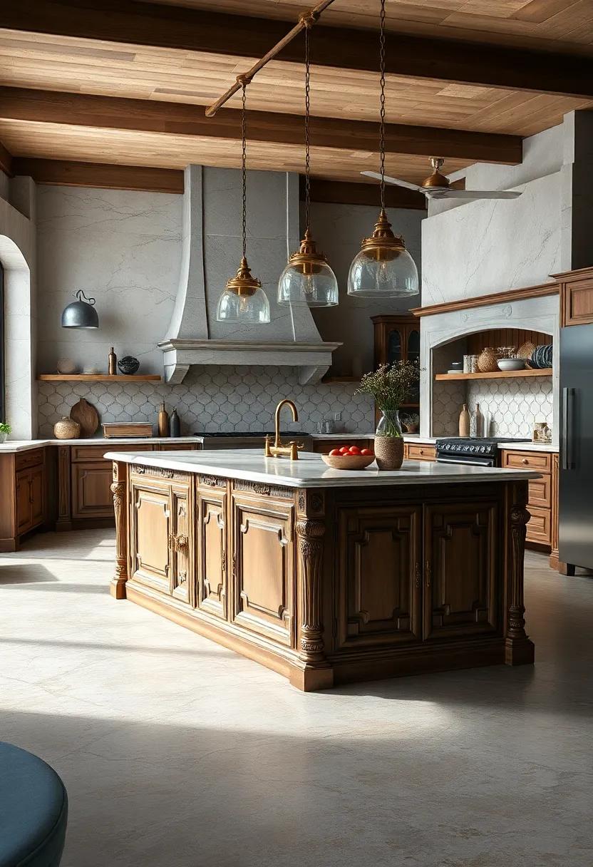 vintage Vibes: An antique-style island with ornate carvings and brass fixtures transports you to a bygone era, adding a timeless elegance to ⁤your cooking ⁤area