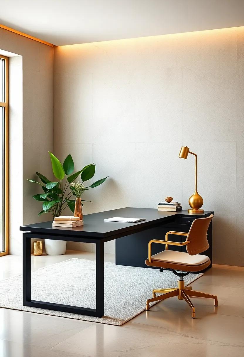 Embrace Minimalism: A⁢ sleek, minimalist desk in matte black paired with‌ gold accents creates a‍ sophisticated ‍workspace that promotes focus and clarity
