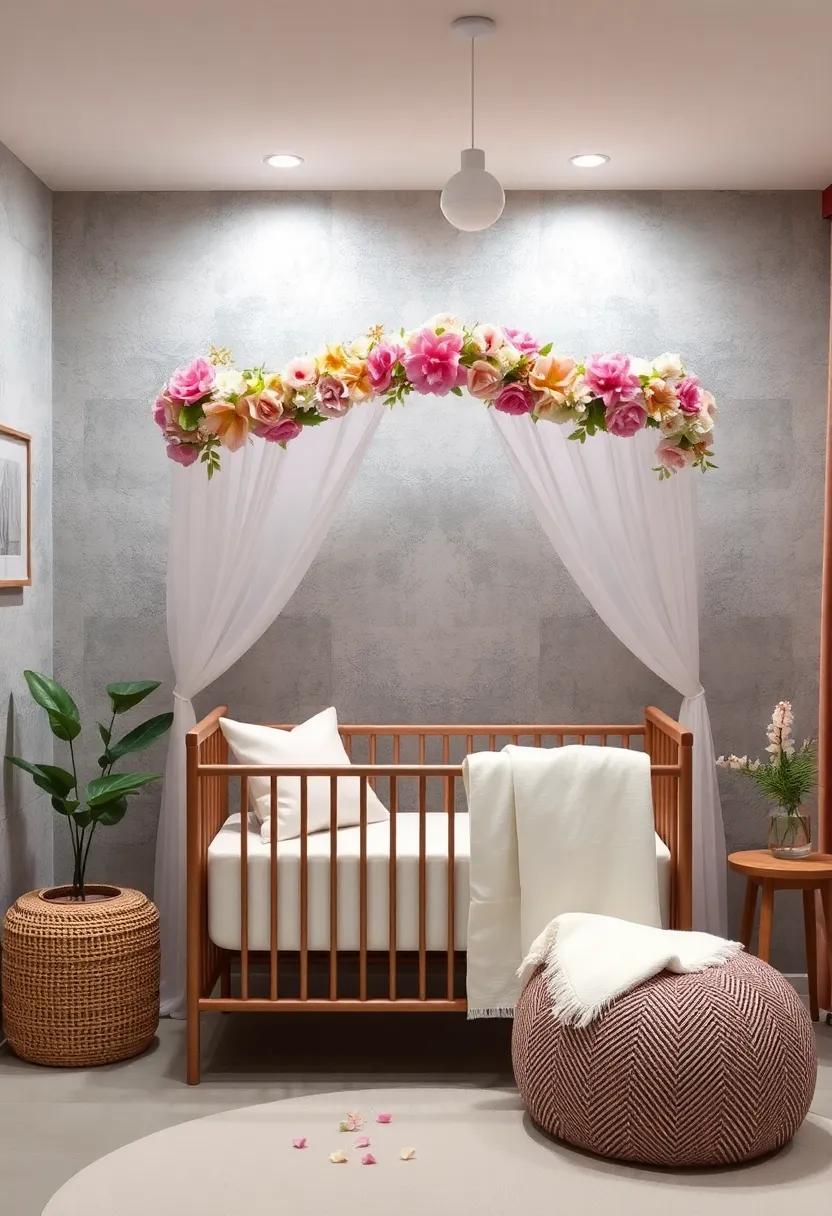Floral Canopy Crib: Create a dreamy ‌sleeping space with ⁤a floral canopy draped over the ⁤crib, offering a playful yet serene nook for your little one