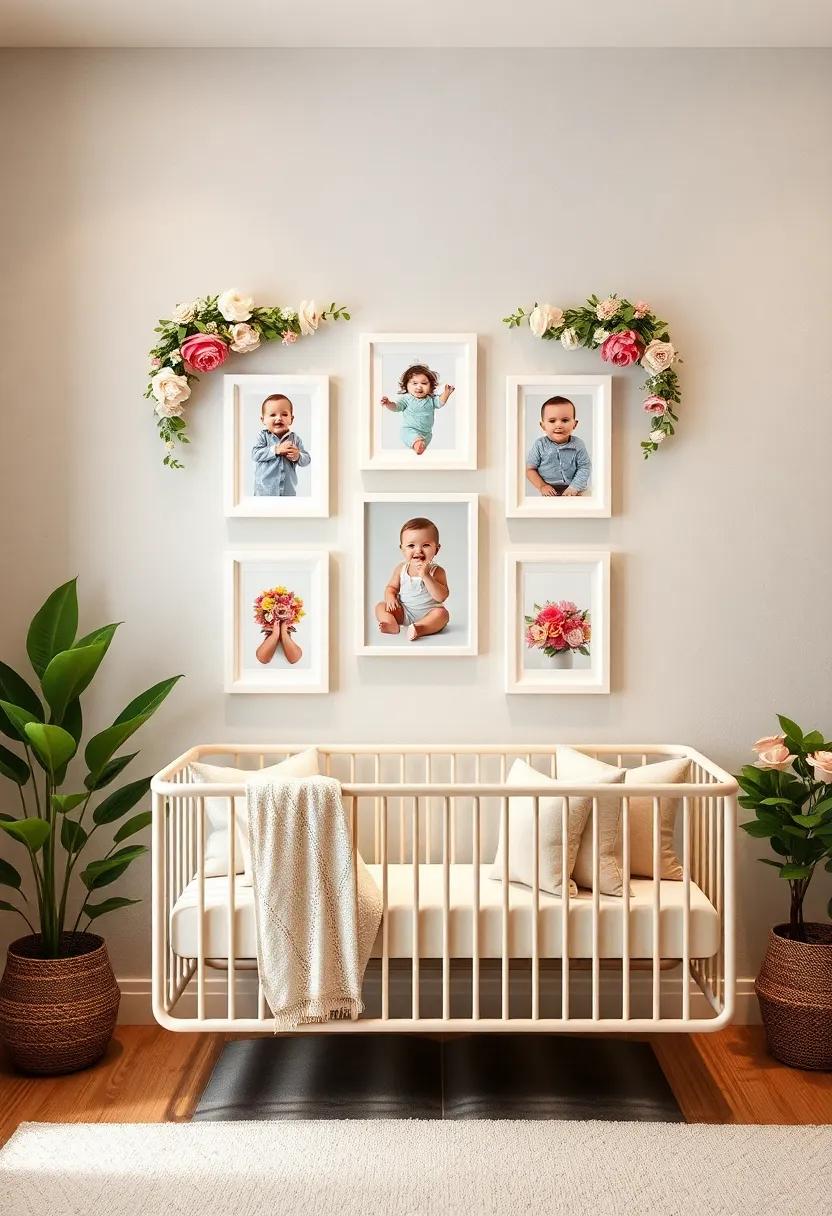 floral Frame‌ Photo Wall: Create a photo wall surrounded by floral frames to exhibit ‌cherished moments and milestones from your ‌baby's journey