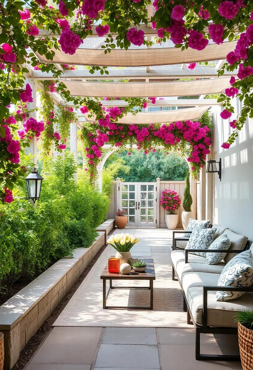 Bougainvillea-Covered Arbors: Enhance pathways with arbors draped in colorful bougainvillea,creating a stunning overhead display that enchants visitors