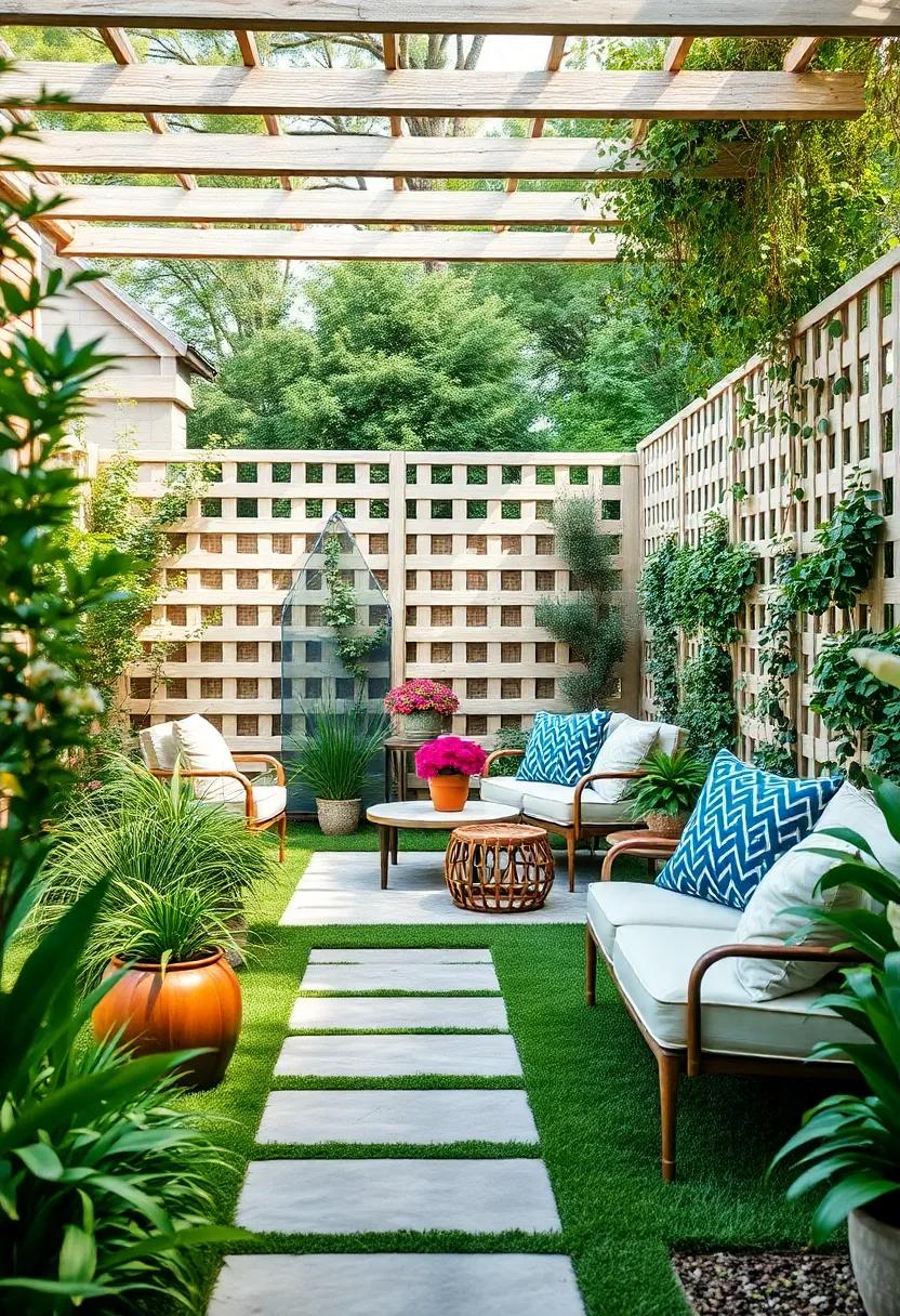 Coordinated Lattice Fences: Use lattice fencing to create a light and airy feel that allows climbing plants to flourish while maintaining privacy