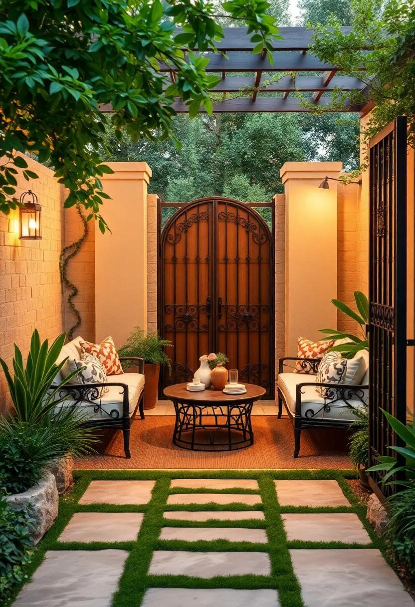 Vintage Iron Gates: Frame your garden with ornate iron gates that add an old-world charm while providing an entry point to your outdoor sanctuary