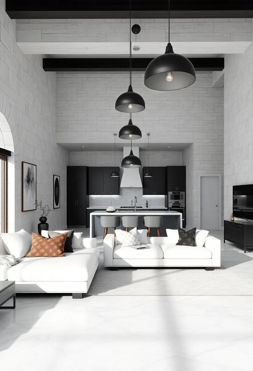 Monochrome dreams: A sophisticated black-and-white aesthetic dominates this​ open ‍area, where unique black pendant lights hang gracefully overhead, adding depth and intrigue to the serene environment