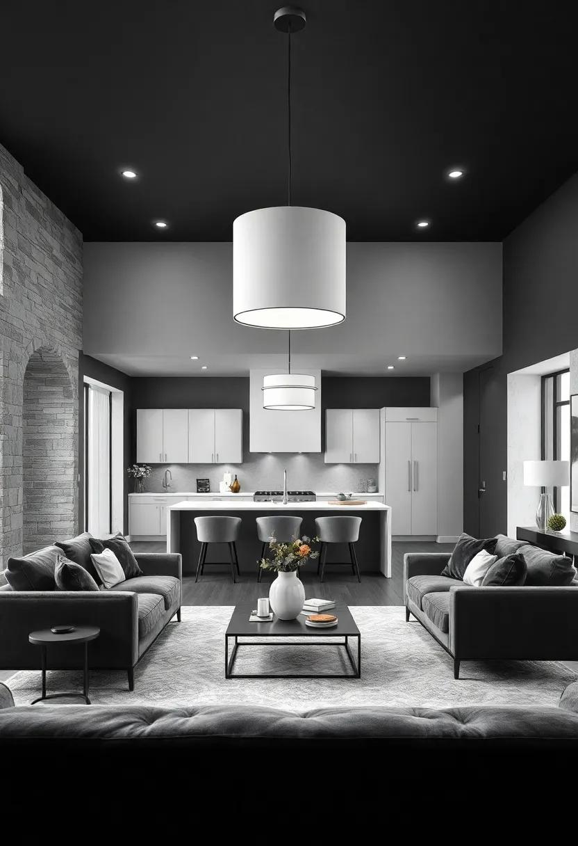 Monochrome Magic: A sophisticated ⁢palette of black, white, ‍and gray is stunningly ‌broken up by ⁢a ⁤dramatic oversized pendant ‌light,​ drawing attention ​to the heart of this minimalist yet welcoming home