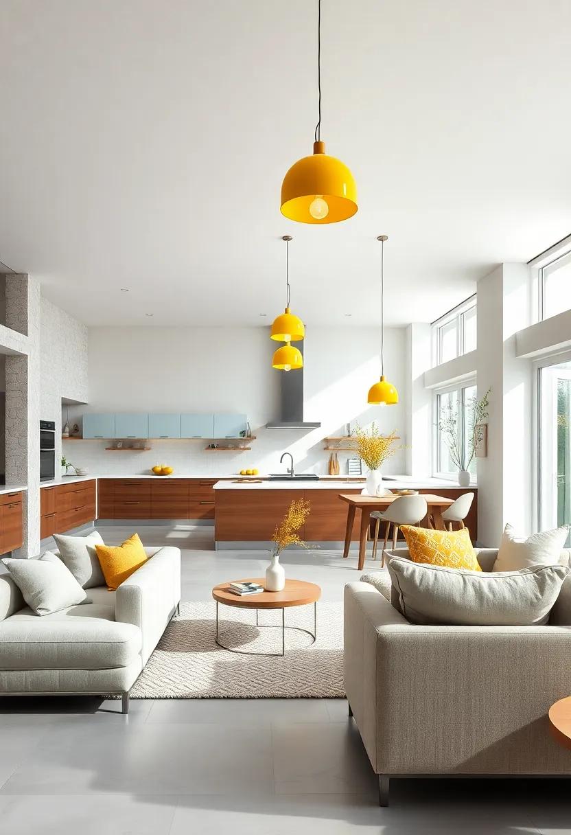Bright & Breezy: Flooded with natural light, this vibrant space is accentuated by ​bright yellow⁤ pendant lights that ⁤serve ​as​ cheerful focal points⁣ in the minimalist kitchen-living area