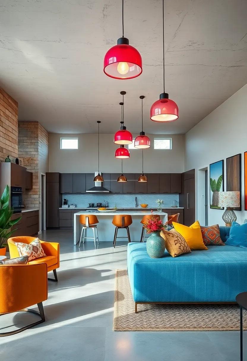 Bold Geometrics: A striking black and white color⁢ palette is enhanced by triangular pendant lights that ​draw the⁣ eye ​upward, making this open kitchen-living area a sophisticated⁤ yet playful environment