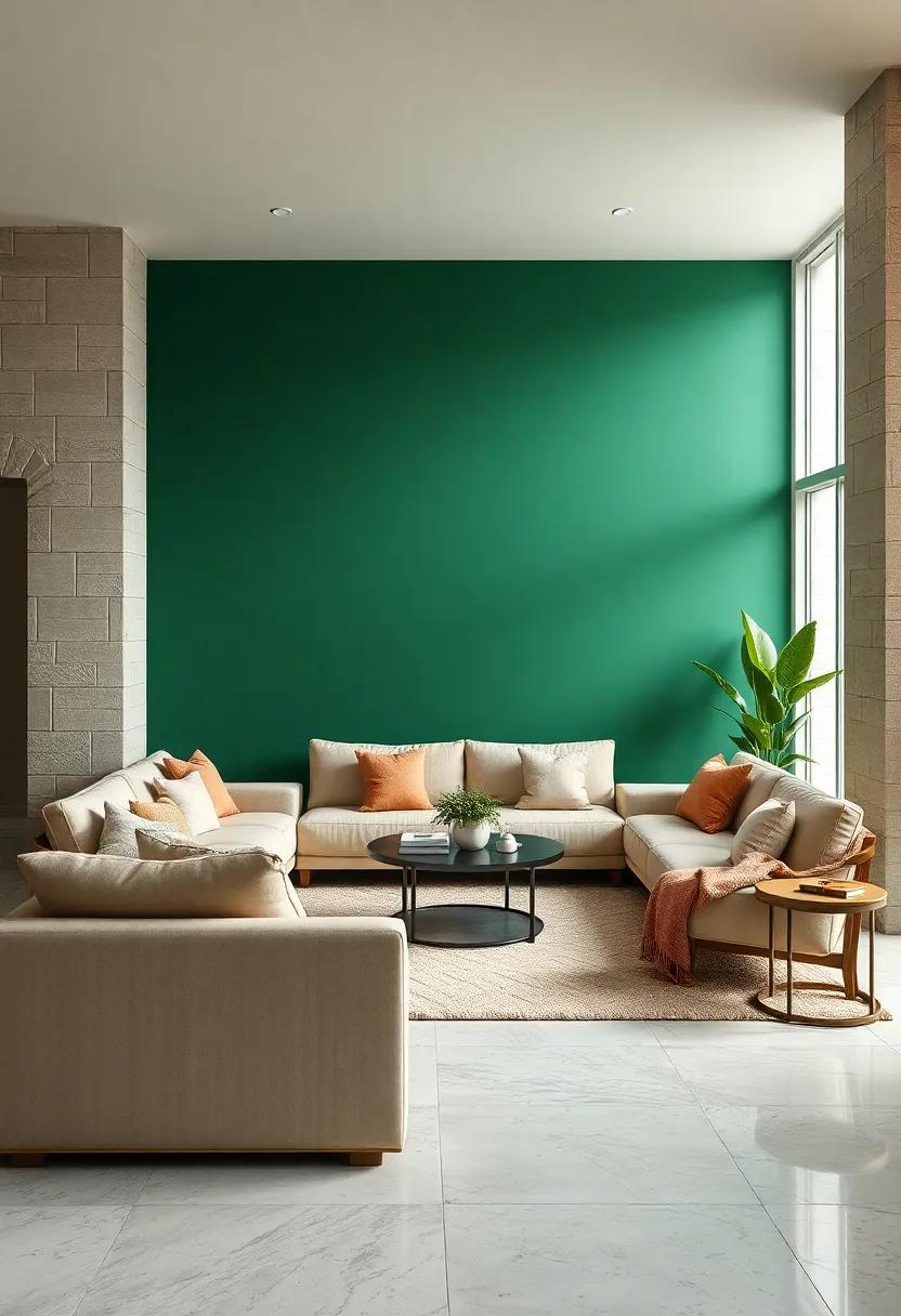 Embrace a green Feature​ Wall: Transform a room by painting one ⁤wall in a deep forest ‌green, pairing it with beige furniture ⁣for a striking‌ contrast