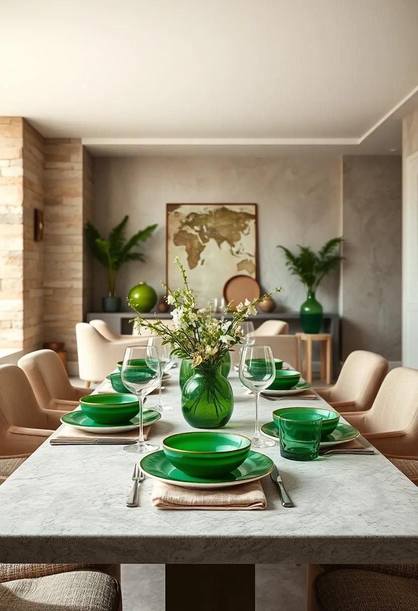 Chic Green Table Settings: design an‌ elegant ⁢table setting using green dishes paired with beige linens ⁤for a sophisticated dining experience