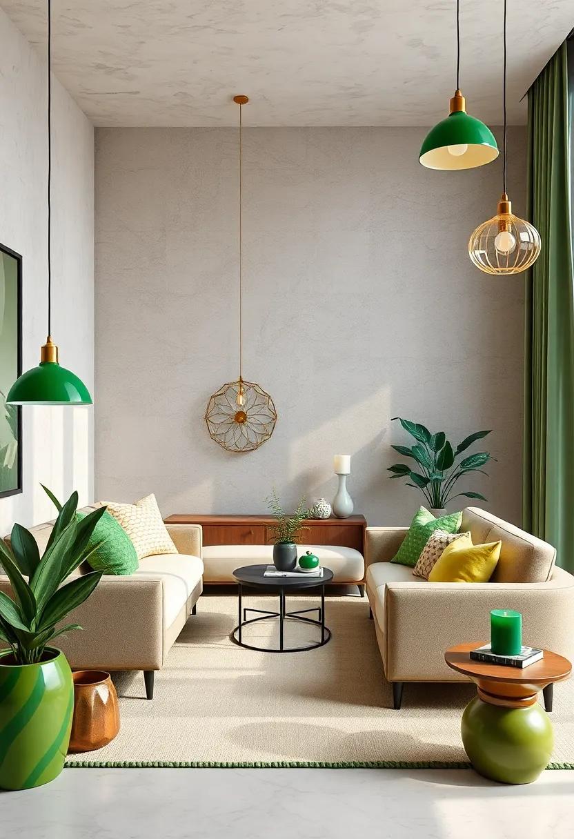 Green Accented Lighting: Choose unique green lampshades⁣ or pendant lights to infuse a soft glow and maintain a sophisticated ⁢color balance