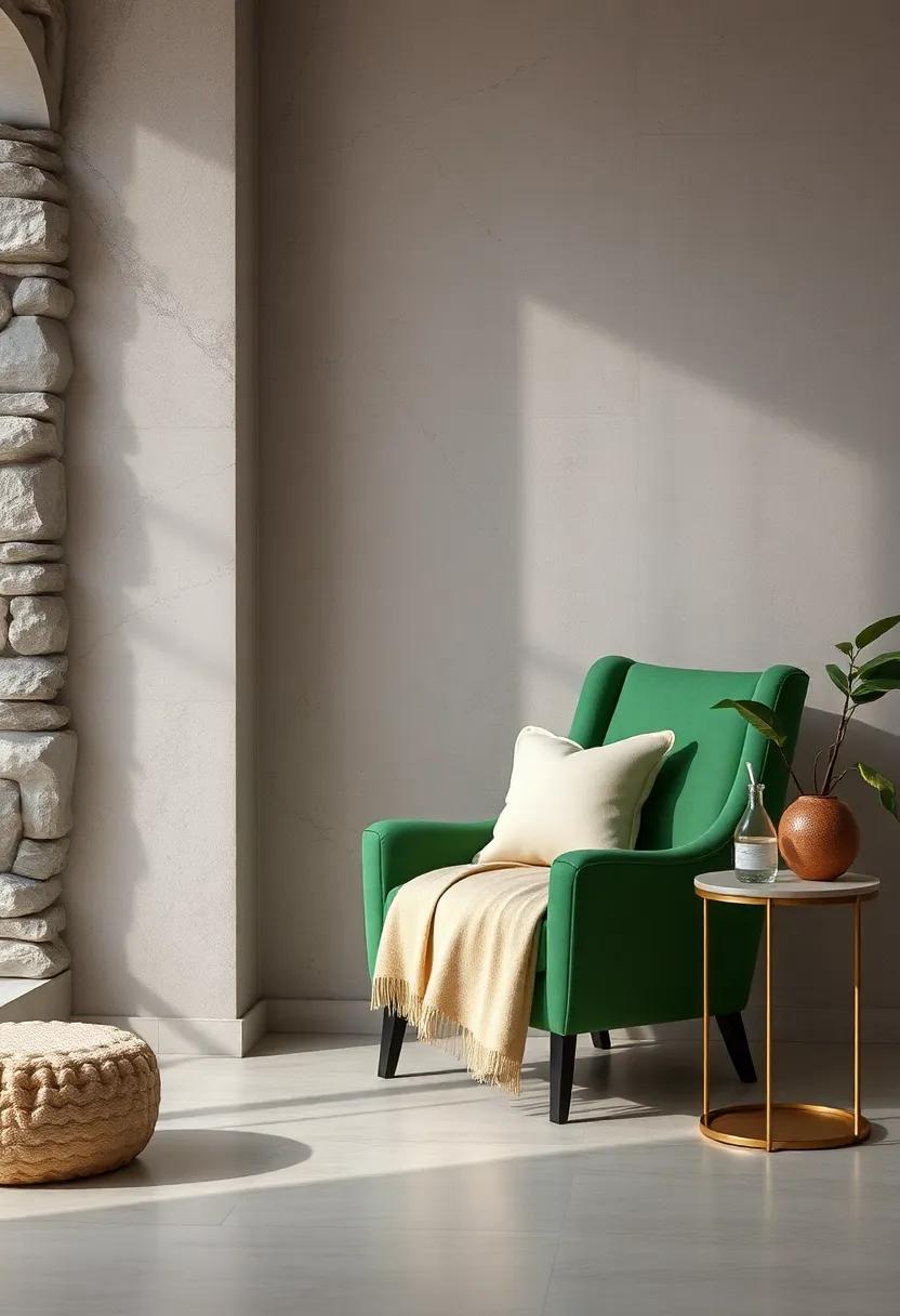 Cozy Green Reading Nook: Create a‍ serene ⁢reading nook with ‍a green armchair, a soft​ beige blanket, and a small side table for beverages
