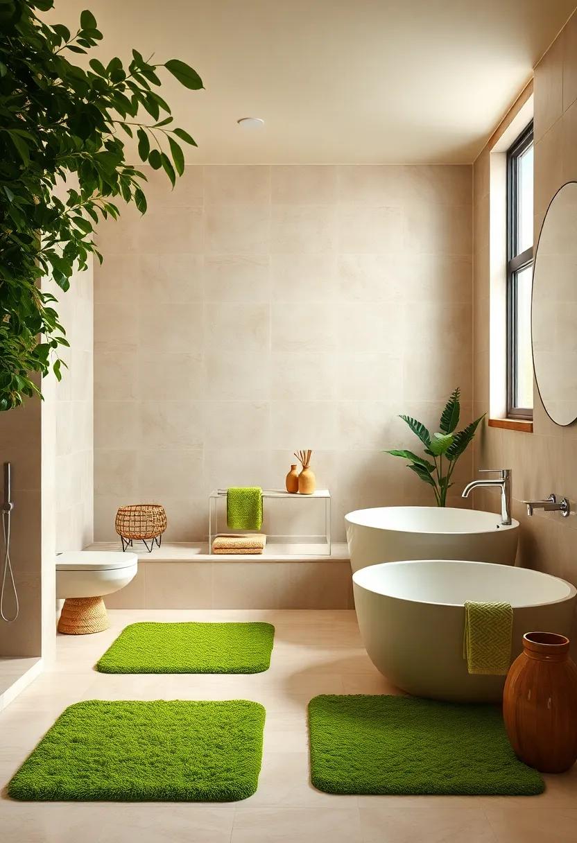 Beige Bathroom Oasis: Create a‍ spa-like retreat in your⁢ bathroom with beige ​tiles, soft‍ green bath⁣ mats, and ​nature-inspired decor