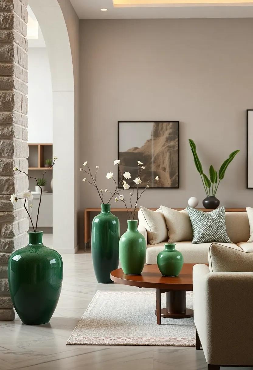 green Ceramic Vases: ⁢Use handcrafted green ceramic vases‍ on ‍dining or side tables for an artistic touch that complements your ⁤decor