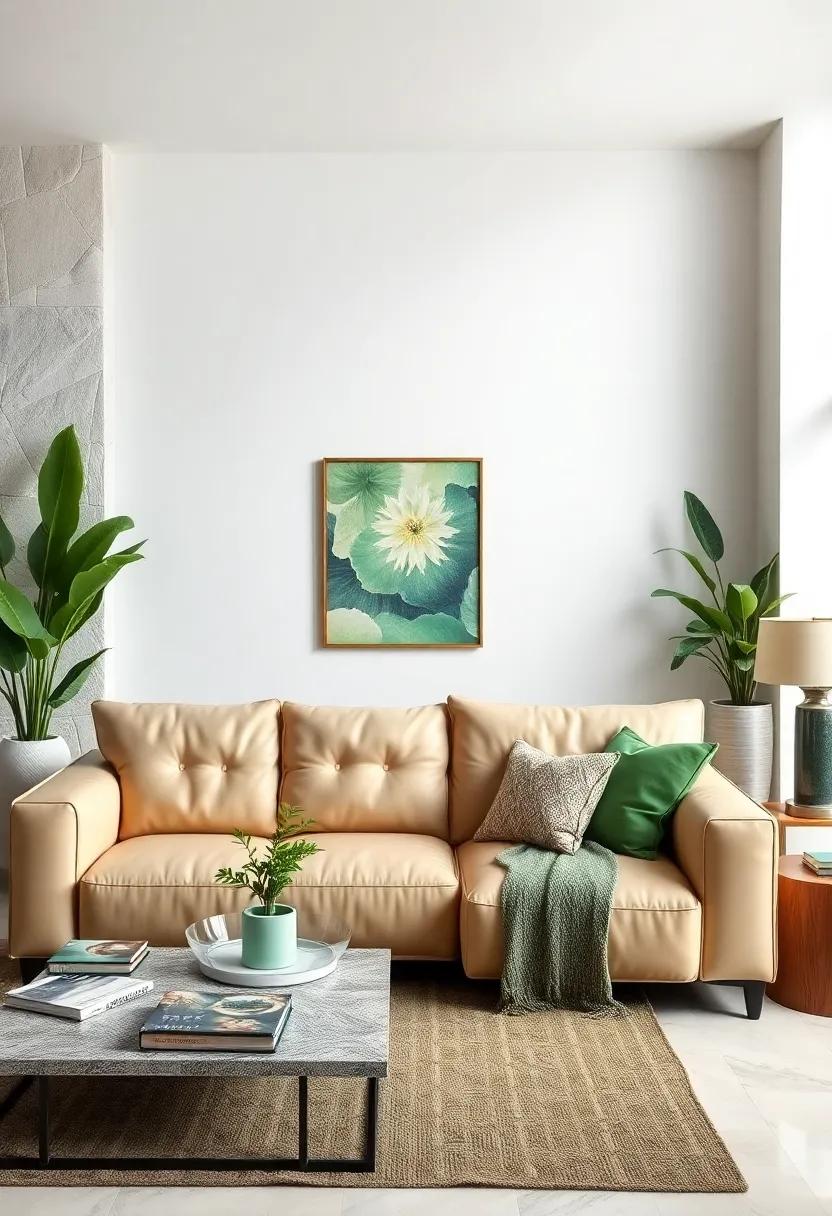 Beige Leather Sofa:​ Invest in a luxurious beige⁣ leather ⁢sofa that serves as the centerpiece, offering ‌both style and comfort in ​your green-themed decor