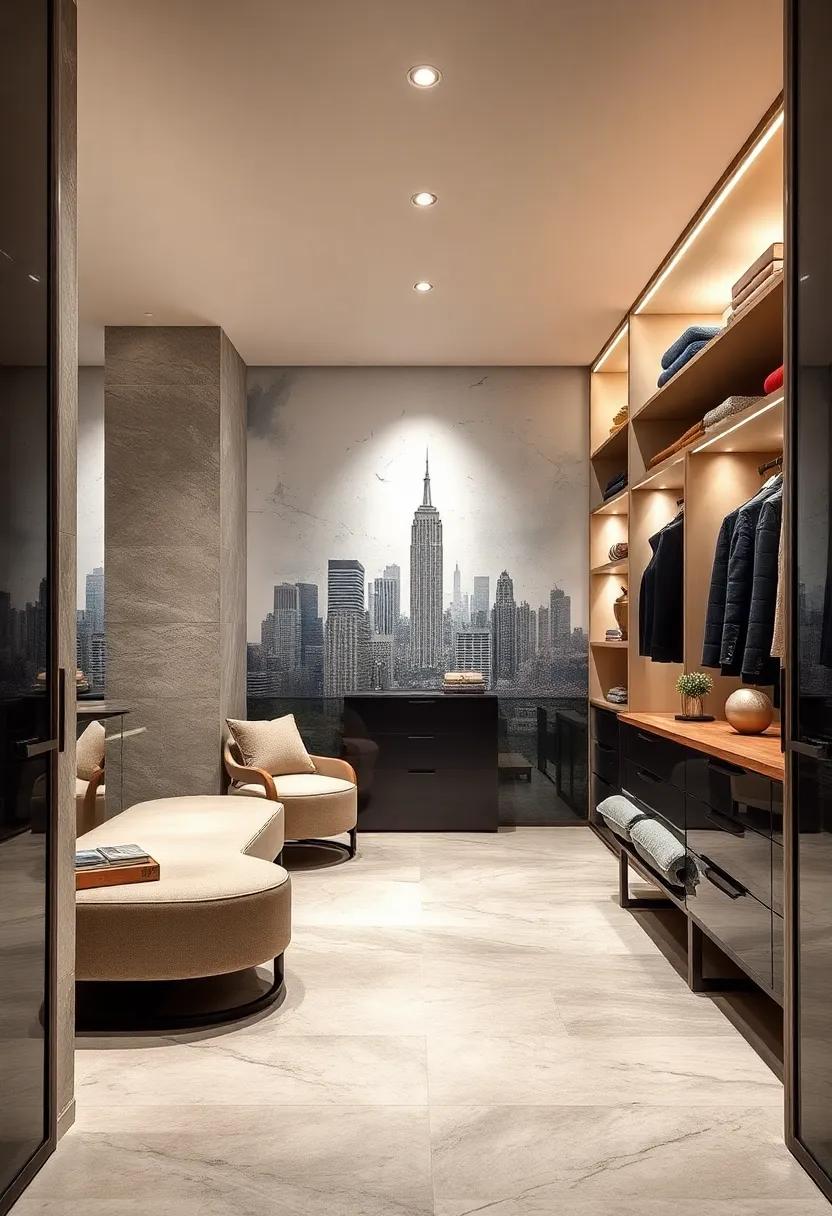 artistic Touch: A ⁤mural⁤ depicting ⁢an abstract city​ skyline ⁤breathes life into the closet, merging art with⁢ fashion in an ‌unexpected simplicity of⁢ elegance