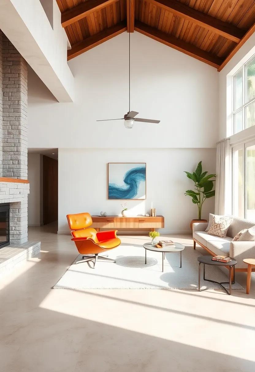 Embracing Vibrancy: A sun-soaked living room adorned with a bold, orange Eames chair, complementing the minimalist white walls and rich wooden ⁤beams overhead