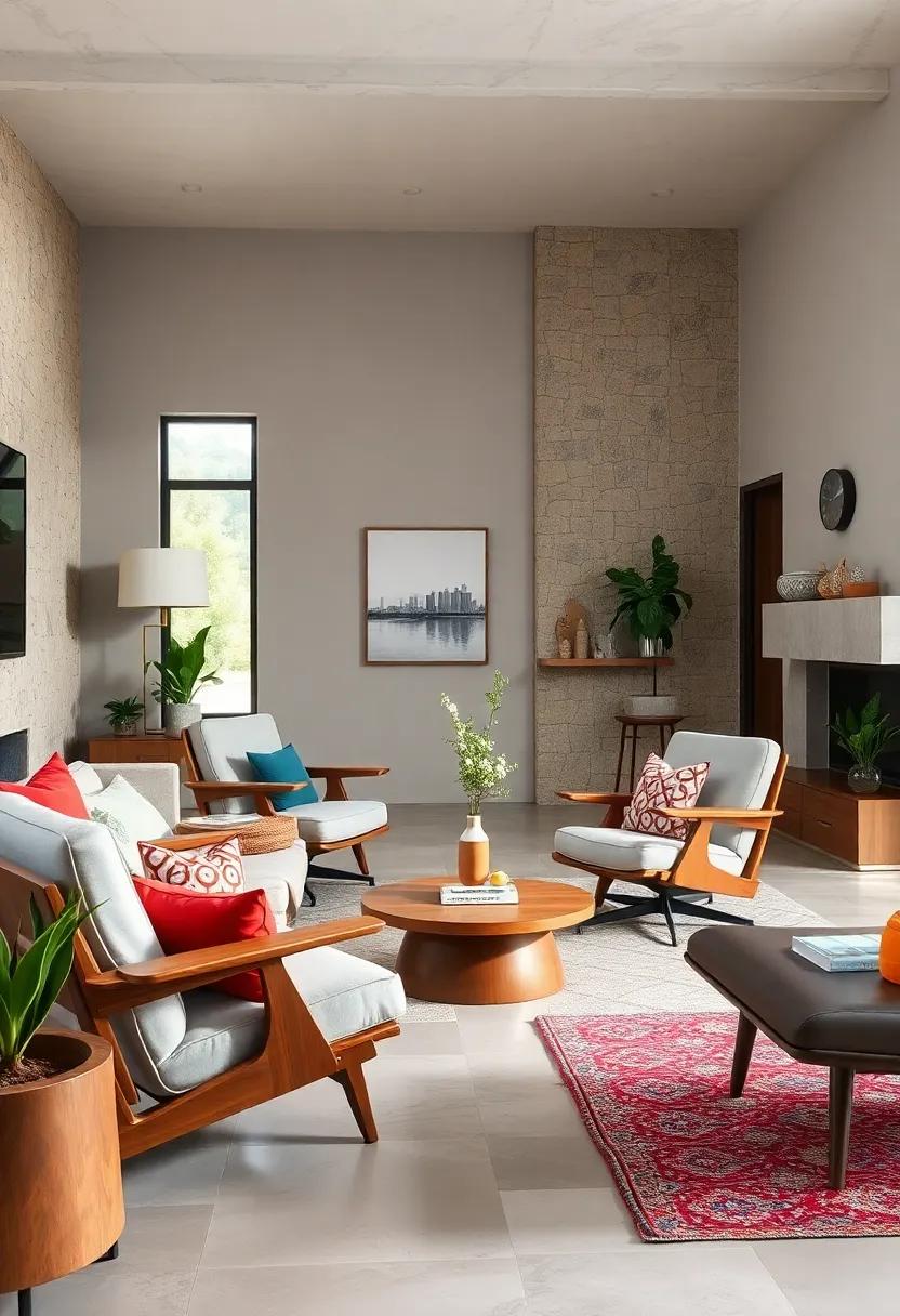 Rustic Charm: An inviting living room combining wood-framed Eames chairs with⁣ stone accents, offering a warm, welcoming ambiance amid the modern styling