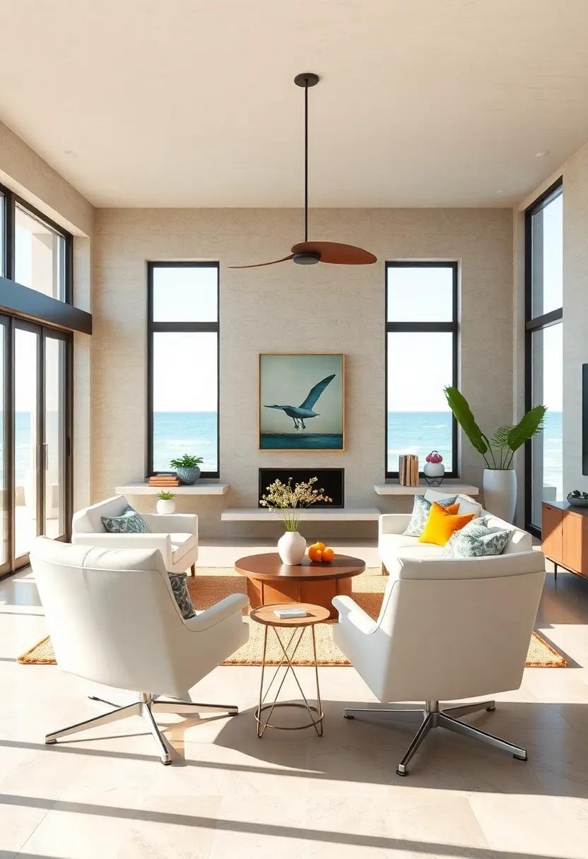 Coastal Calm: A bright, airy living room boasting white⁢ Eames chairs that echo the surrounding ocean palette, ⁤with natural ‍light flooding in ⁢from expansive glass doors