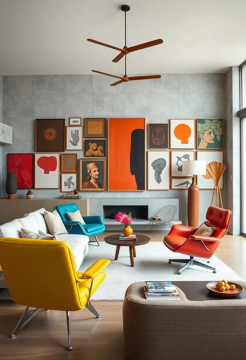 Artistic Flair:⁢ an eclectic living‍ room where color pops from Eames chairs, surrounded by a gallery wall‌ filled with avant-garde art and sculpture, inspiring creativity