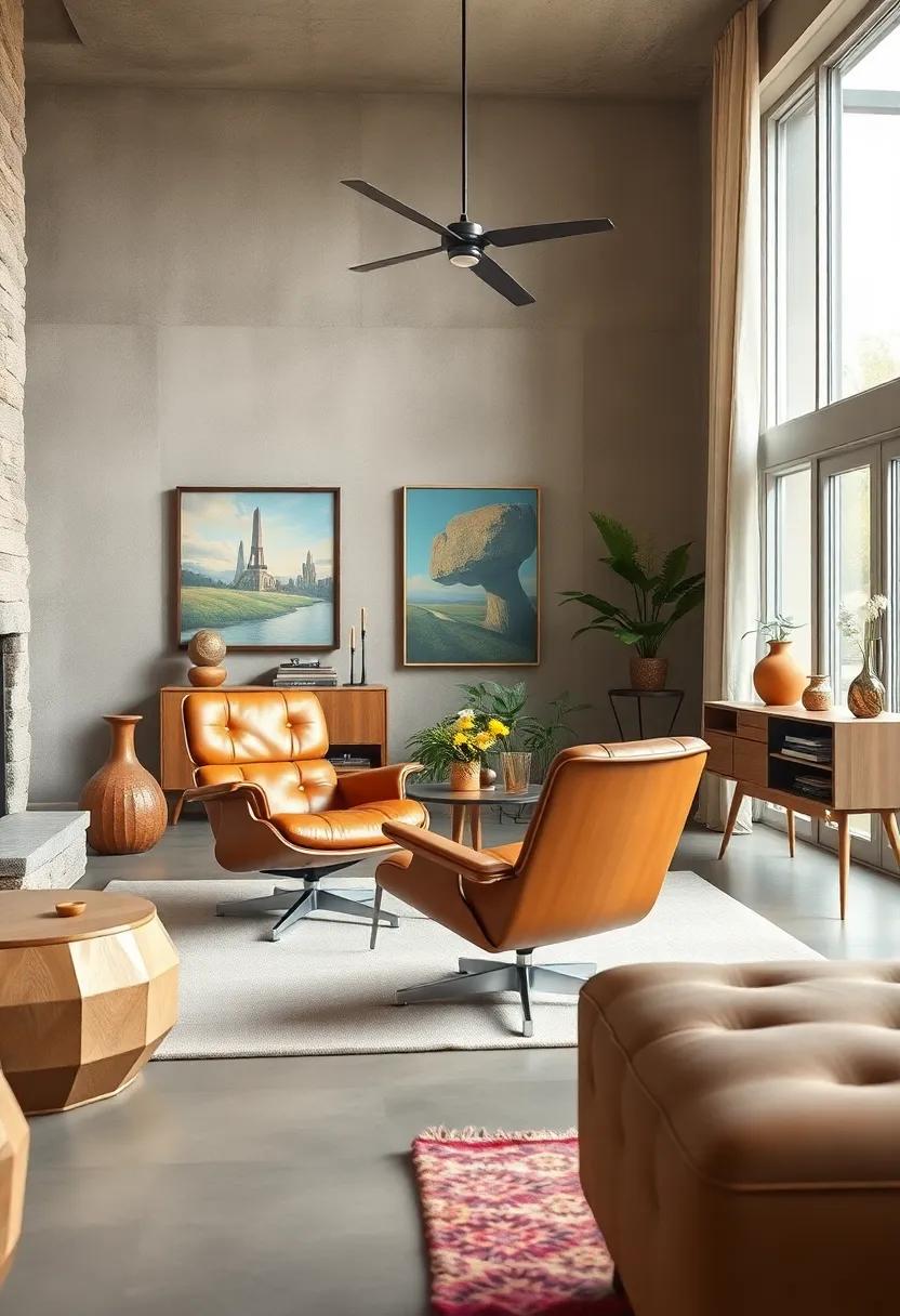 Vintage Vibes: A nostalgic space showcasing⁣ a pair of wood ⁣and leather Eames ‍chairs, surrounded by vintage decor and⁤ mid-century art for a ​true throwback feel