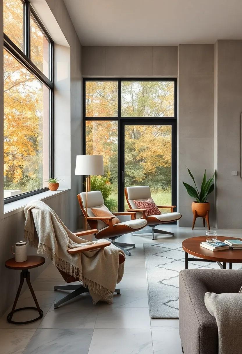 Cozy Corner: A snug nook featuring ⁤an Eames chair wrapped in a soft throw blanket, perfectly situated near ​a grand window with a view of the falling leaves outside