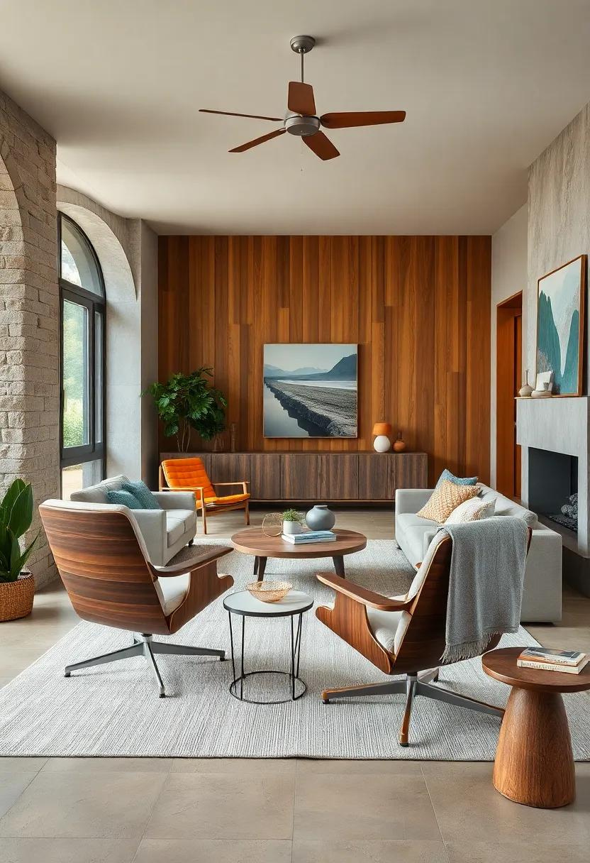 Nature-Inspired:⁣ A warm living ‍area with Eames‍ chairs in a rich walnut finish, balanced by organic textiles and earthy tones, embedding a sense of tranquility