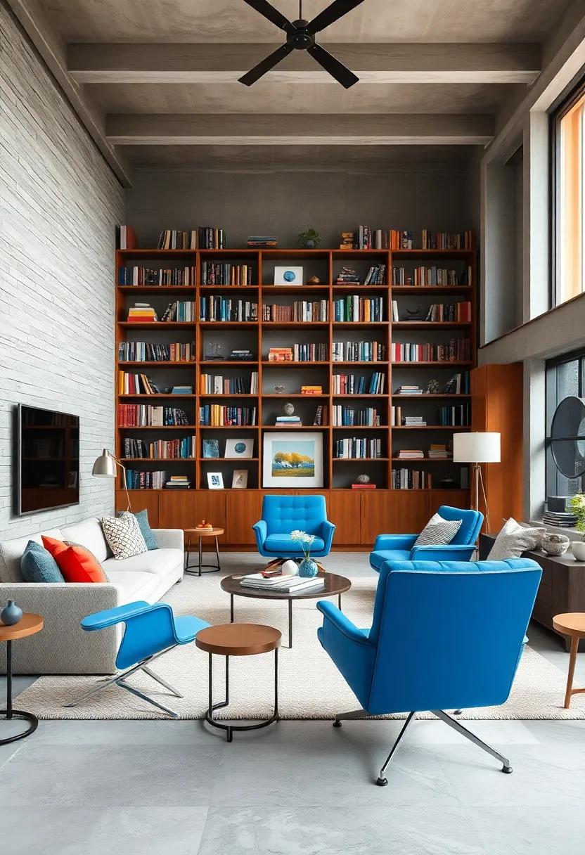 Bold Statements: A vibrant ‍living room with floor-to-ceiling bookshelves and striking blue Eames chairs ⁤that command attention and ⁤celebrate literary passions