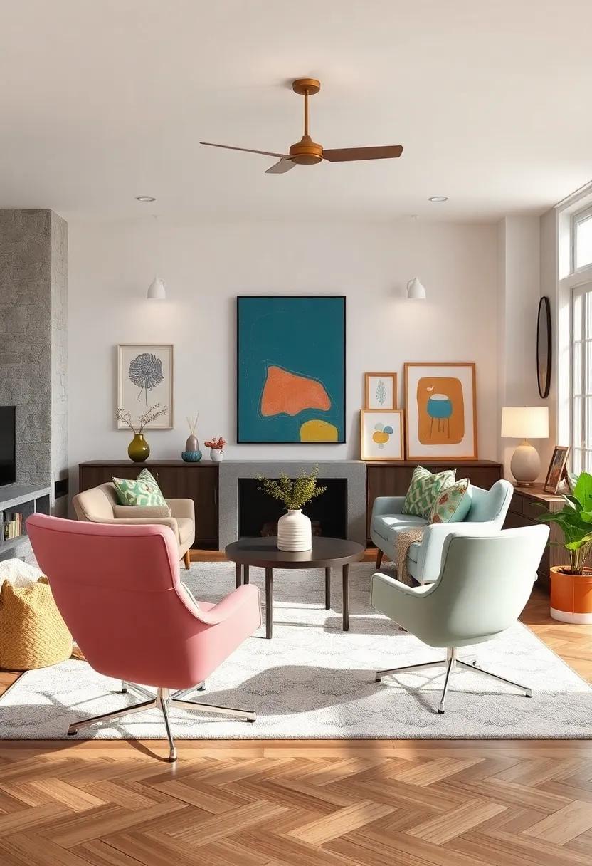 Playful Palette: A whimsical living room featuring playful pastel Eames‍ chairs paired ​with quirky art ​pieces, inviting creativity and cheer into the ambiance
