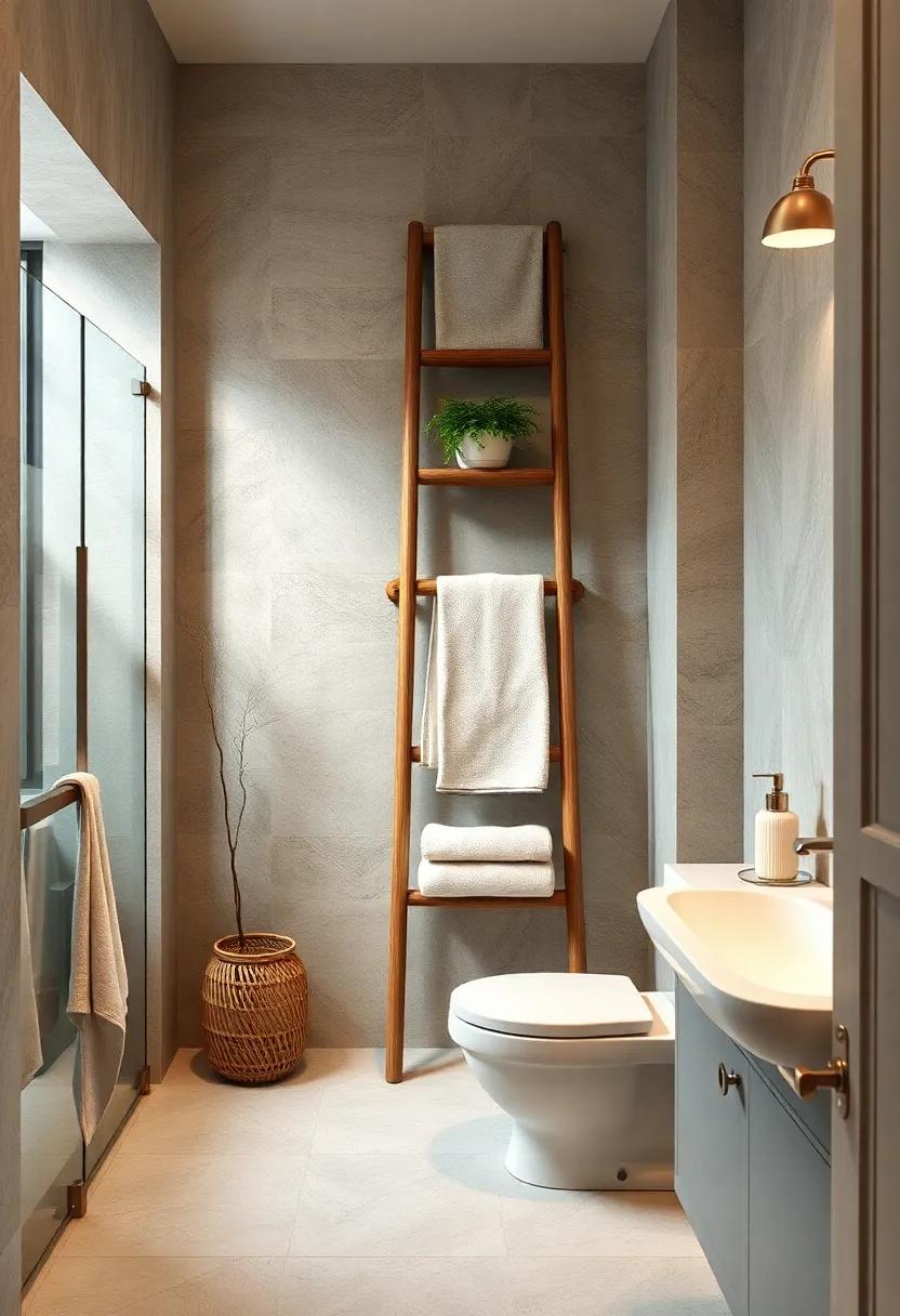 DIY⁣ Ladder ⁢Storage:‌ Create a decorative ladder​ to lean against‌ the wall, using its rungs to store‍ towels and lightweight items stylishly