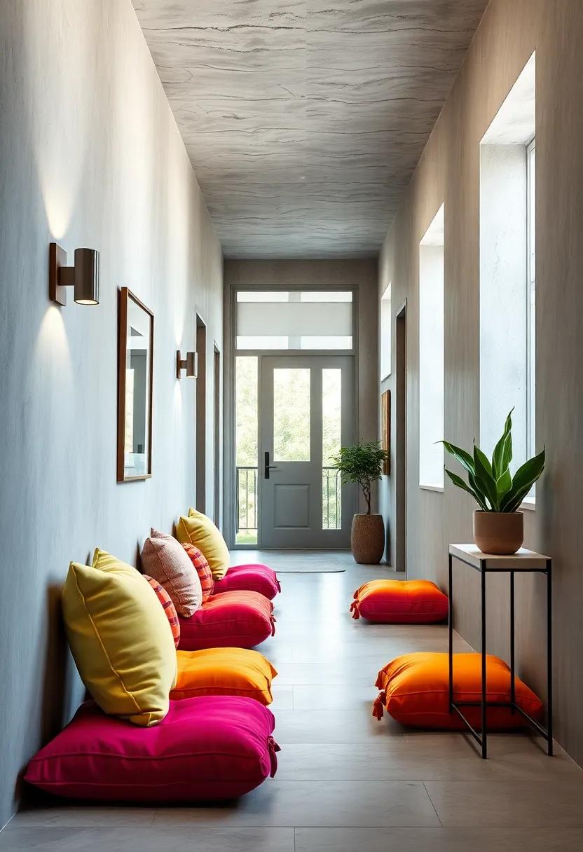 Brightly Colored Floor Cushions: Liven up your hallway with vibrant floor cushions that offer casual seating and can easily be moved around