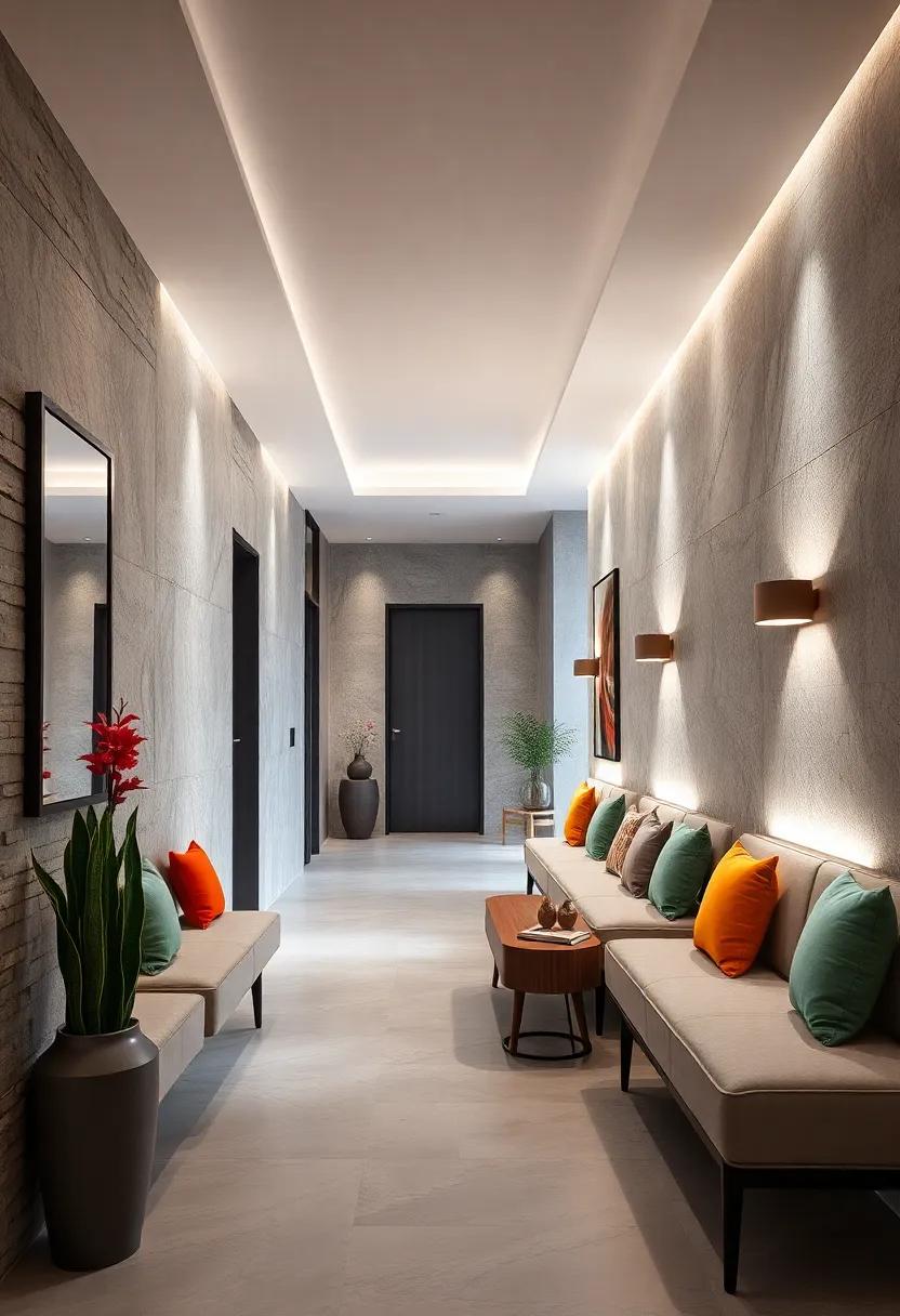 Padded Wall Inserts: Add cushioned wall inserts that offer a soft seating option in narrow hallways, creating comfort and interest in the space