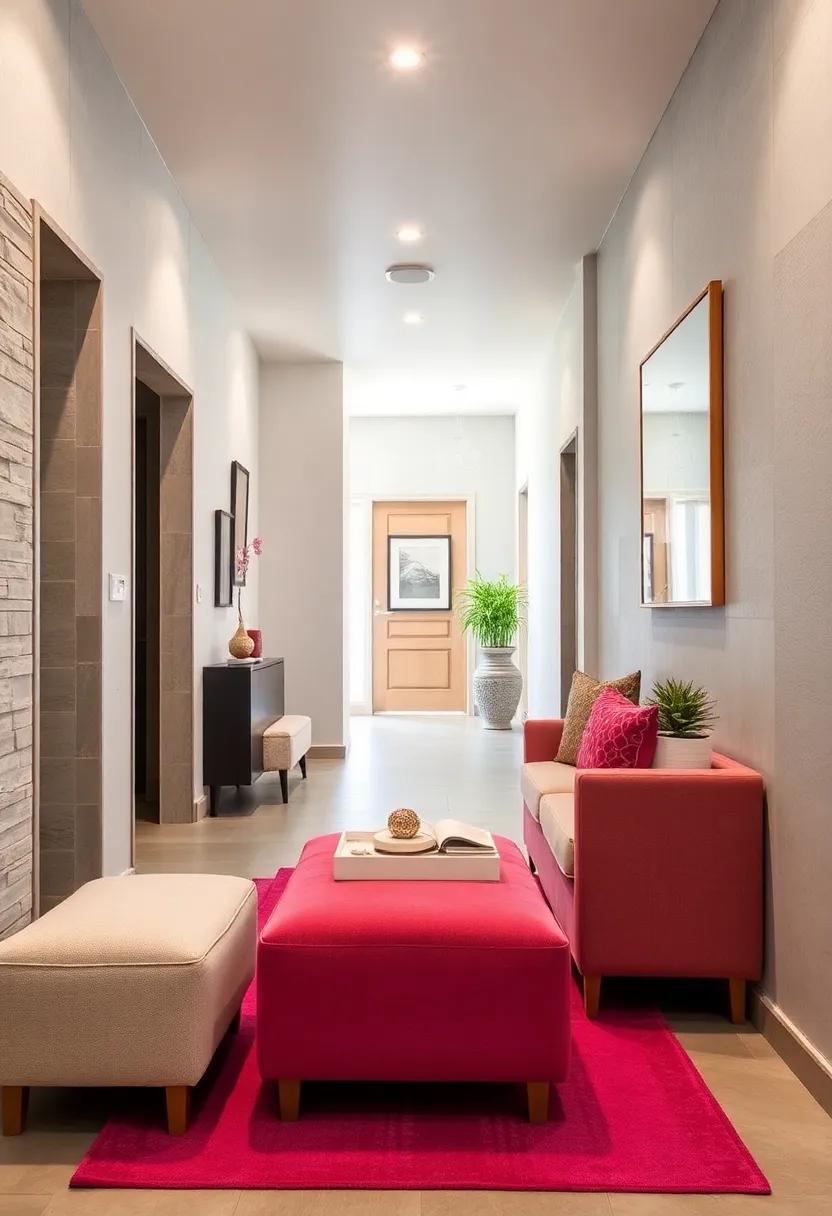 Slim Profile Ottoman: Choose a narrow, upholstered ottoman that can act as both seating and storage, tucking neatly against walls for a chic solution