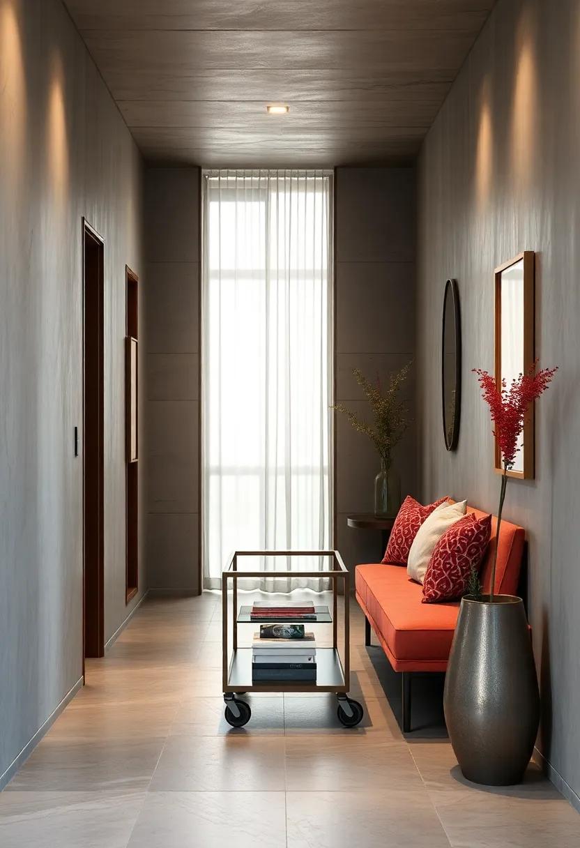 Slim Rolling Cart: A narrow rolling cart doubles as mobile seating and quick-access storage, making it an adaptable option for any hallway