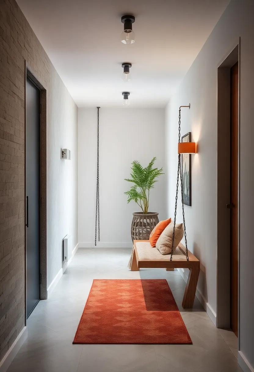 Swinging Bench: For the adventurous spirit, install a small swinging bench that adds charm and entertainment to your small hallway