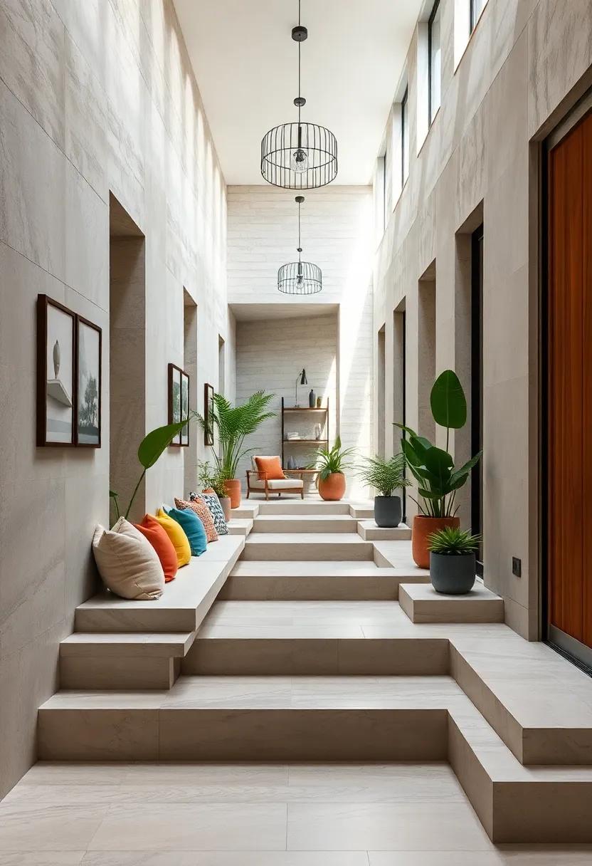 Tiered Seating Steps: Create tiered steps that both provide seating and serve as display areas for plants or decorative objects