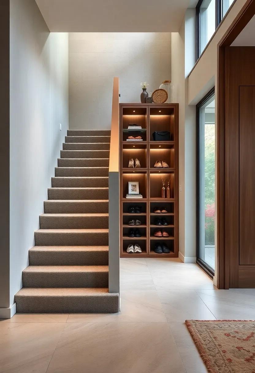 Minimalist Marvel: A ⁤sleek staircase with integrated shelving that cleverly disguises shoe storage behind a series of concealed doors,perfect for a modern entryway