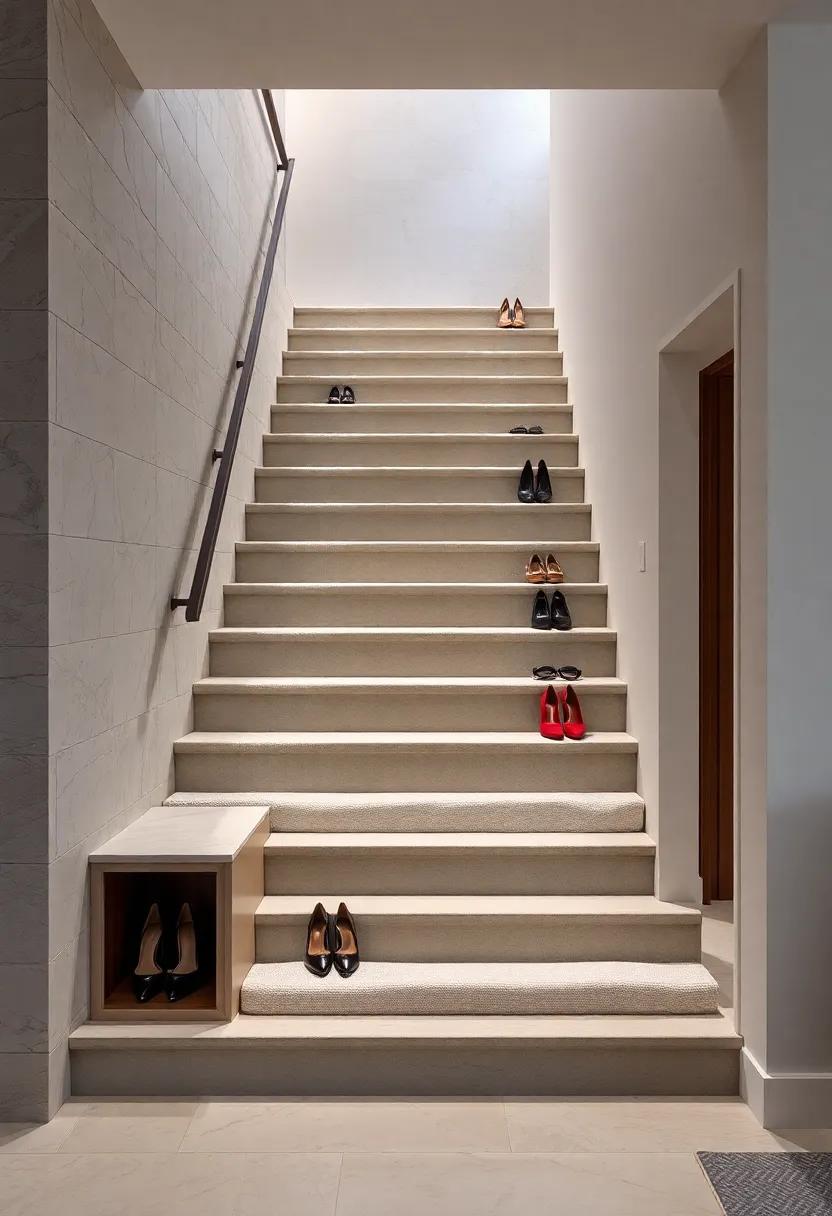 Elegant Enclosure: A staircase whose steps feature elegant doors that swing open, providing ample storage for heels and boots while keeping them dust-free