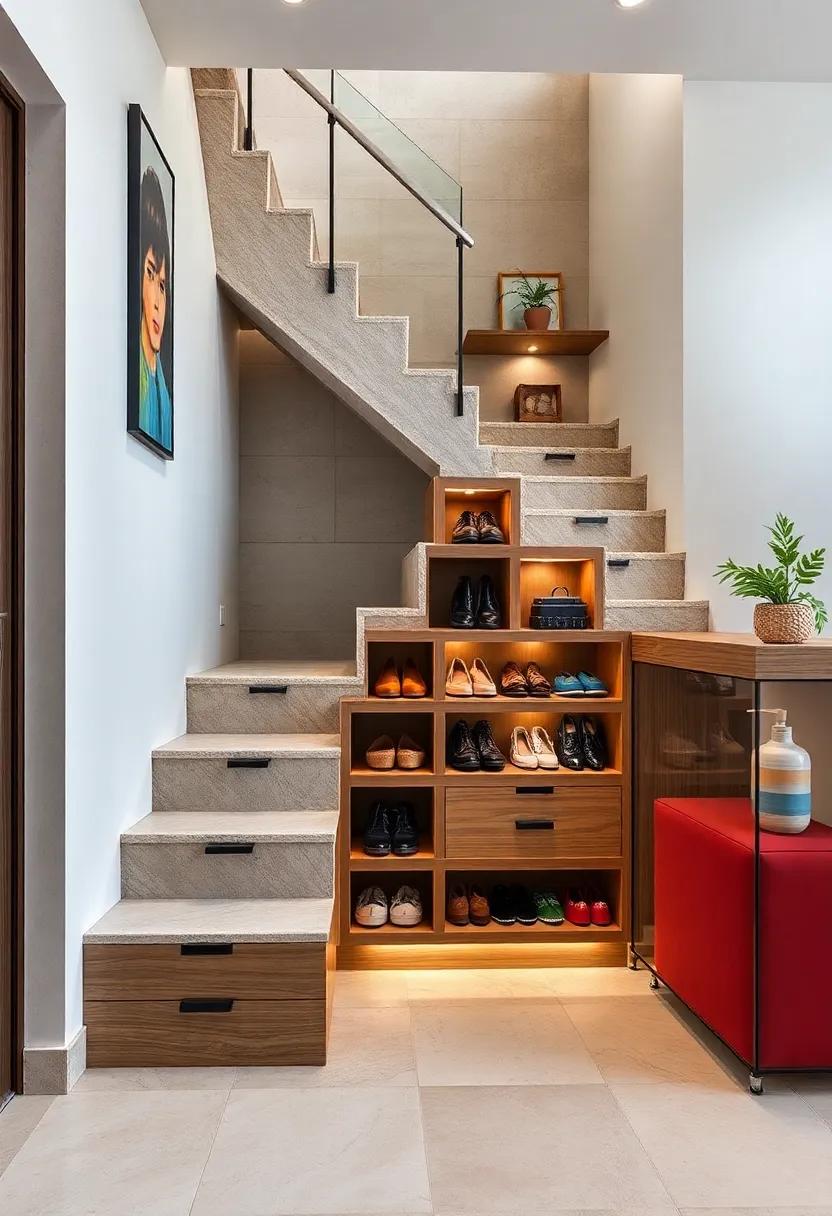 Layered Levels: A tiered staircase design that includes drawers and shelves at various heights, offering an⁢ interactive twist ​for footwear organization that’s also ⁣visually impactful