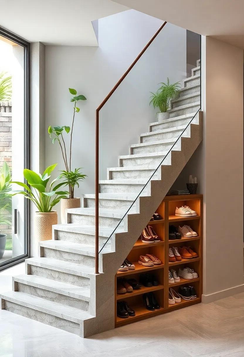 Urban Oasis: A staircase integrated into a garden-inspired home, complete with shoe storage that‌ blends seamlessly with nature, providing an unexpected twist to footwear ​organization