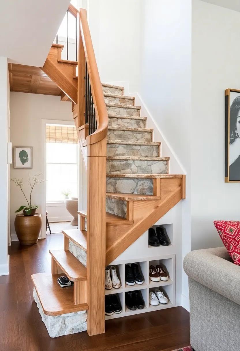Rustic Charm:‌ This wooden staircase features open risers with built-in cubbies beneath each step, ideal for neatly storing a ‍variety of‍ footwear while maintaining a cozy vibe
