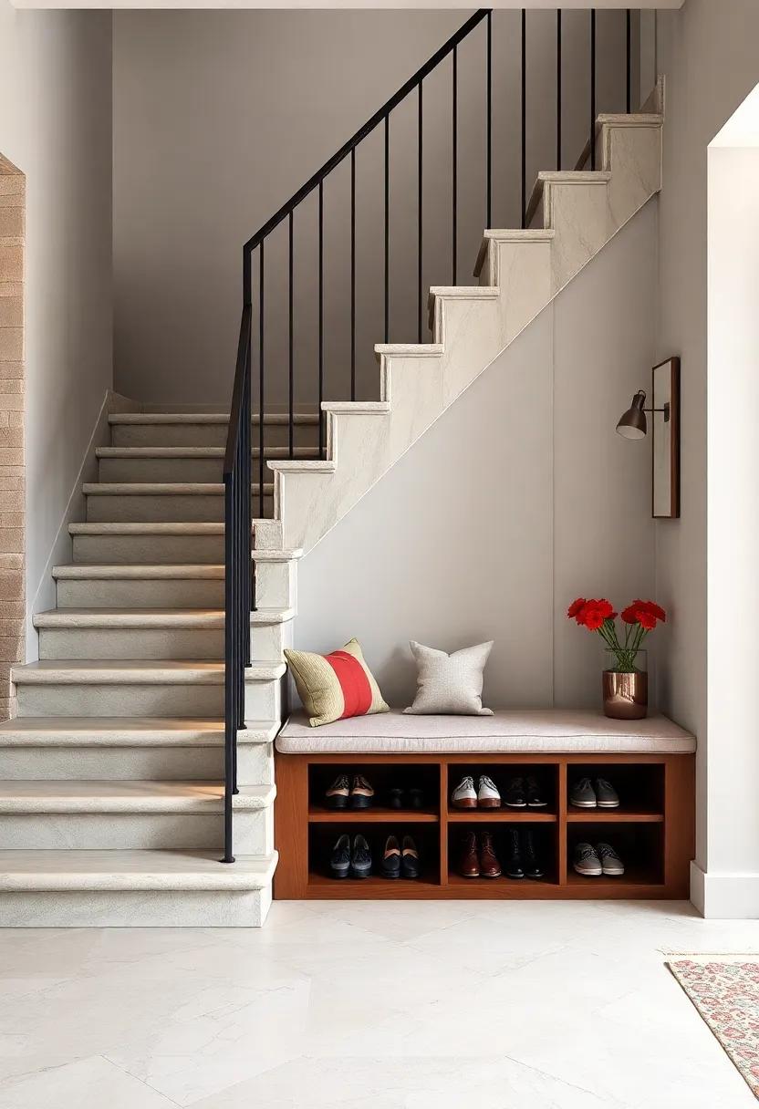 Modern Artistry: This artistic⁤ staircase features custom-cut ⁢steps that⁣ include integrated⁣ shoe racks, transforming the staircase into a statement​ piece that’s both functional and‍ beautiful