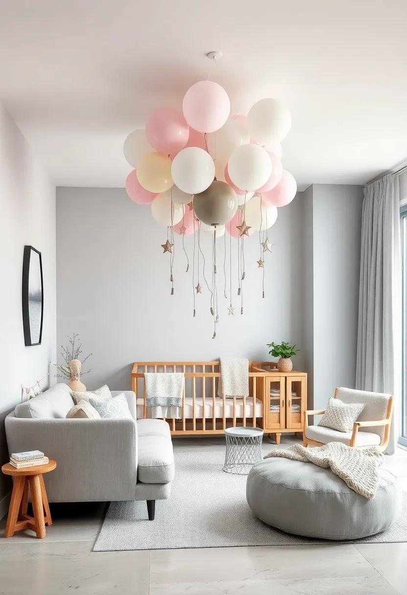 Balloon Inspirations: ‌Create balloon mobile⁤ decor in light ‍grey tones, enhancing the whimsy while adding ⁤height ‍and movement to the nursery‌ space